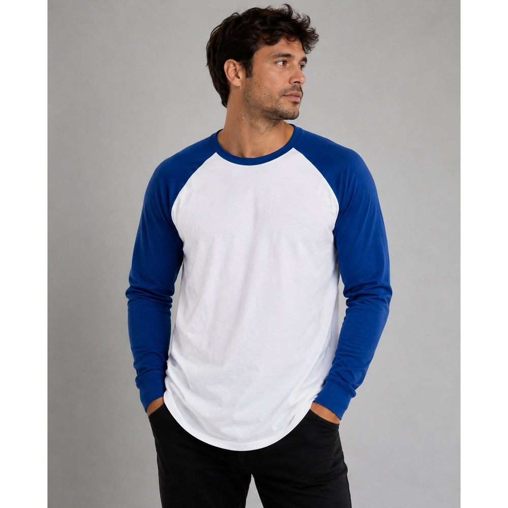 Royal Avalon Mens XL Baseball Tee White Blue Long Sleeve Raglan Cotton Shirt